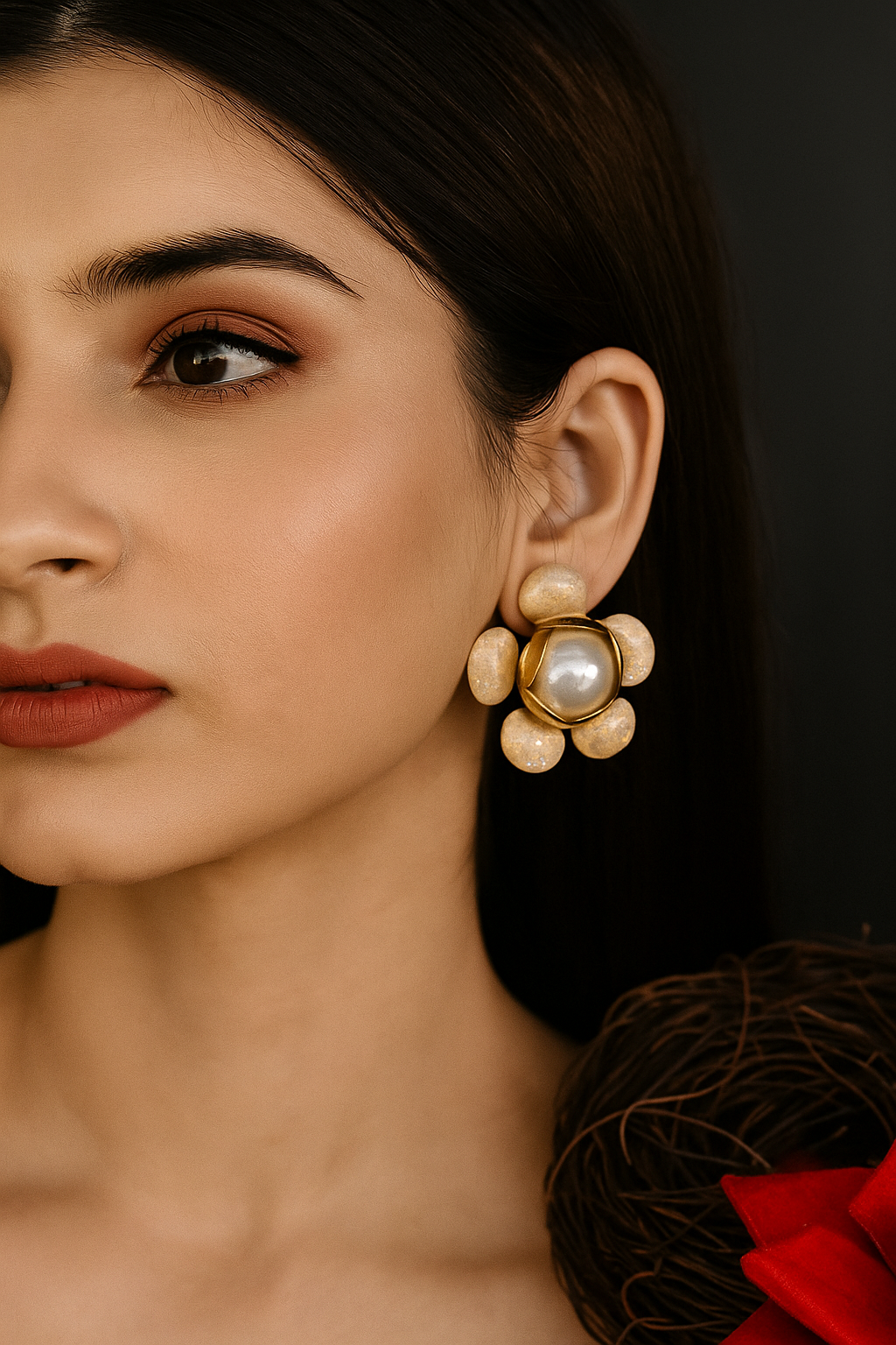 Floral Pearl Stud Earrings – Elegant Golden Finish